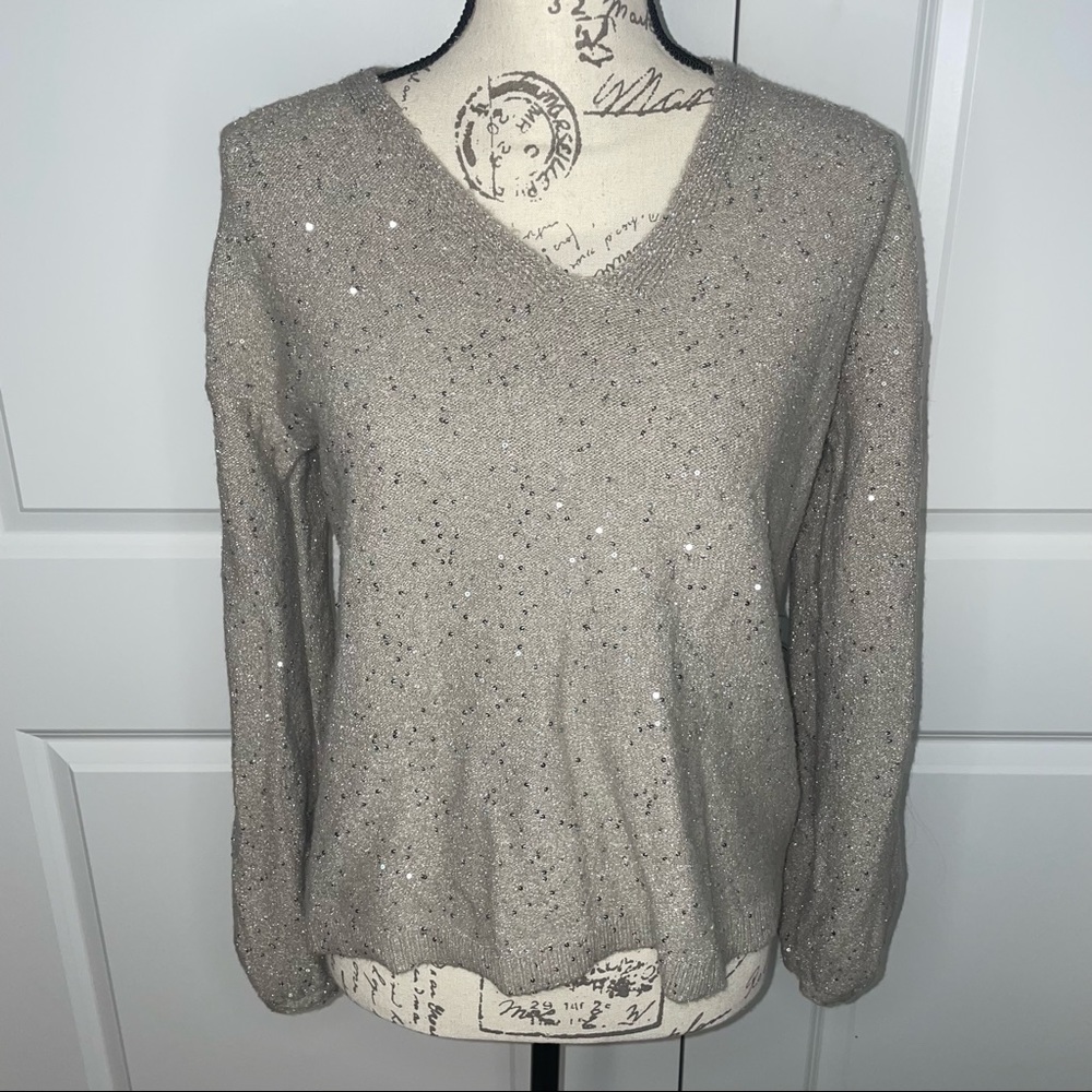 LOFT Beige Sequin V-Neck Sweater